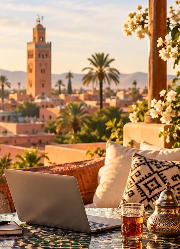 Rooftop terrace in Marrakech overlooking the Koutoubia mosque, with mint tea and a laptop
